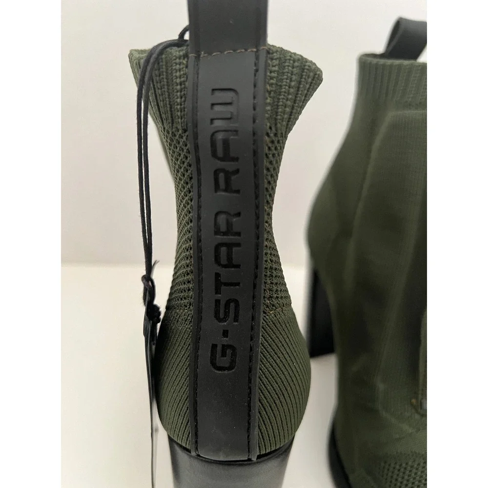 G-Star RAW Rackam Sock Boots Green Knit Front Zip Block Heel Ankle Boots NEW